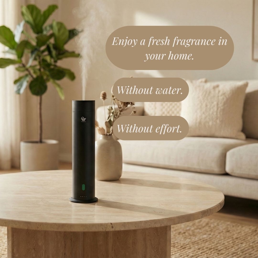 Black diffuser on a wooden table with text about fresh fragrance in a home setting.