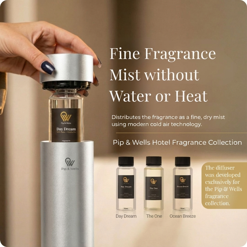 Hand holding a diffuser with Pip & Wells Hotel fragrance collection displayed.