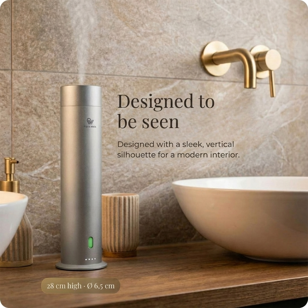 Silver cylindrical product on a bathroom counter with text about its design.