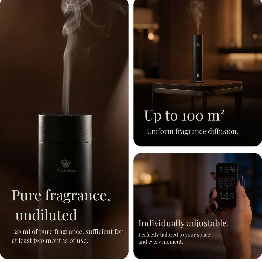 Black fragrance diffuser with smoke, remote control, and text about product features.