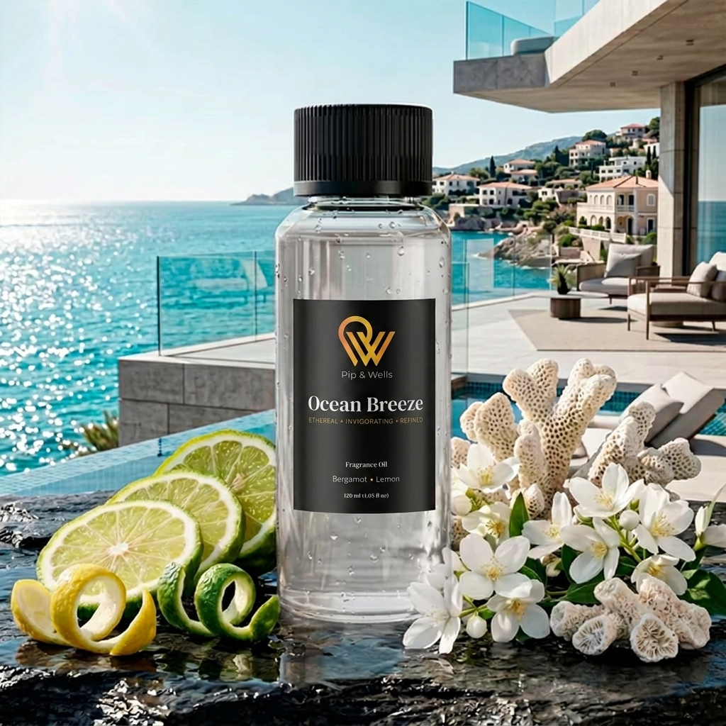 Clear bottle labeled 'Ocean Breeze' with lime slices and flowers on a scenic background